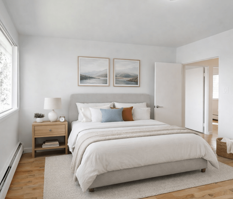 A bedroom with a large bed and two pictures on the wall.