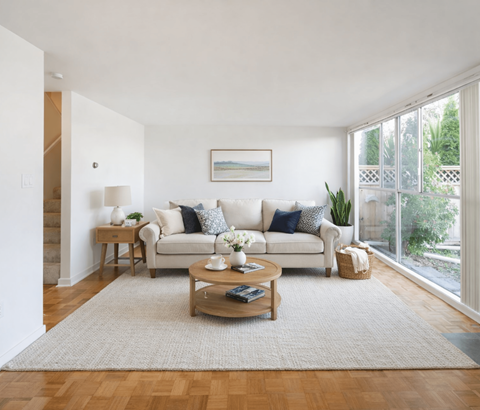 A living room with a white couch and a coffee table.