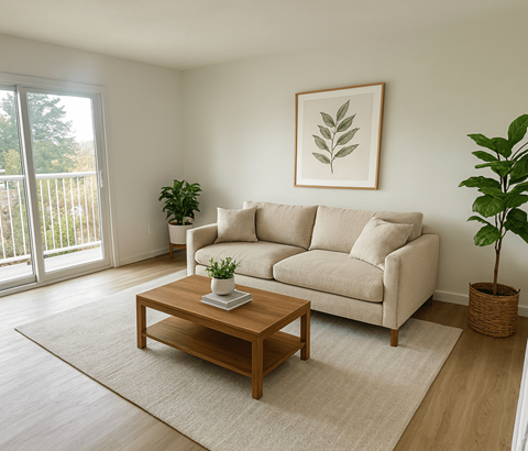 A living room with a couch, coffee table, and potted plant.