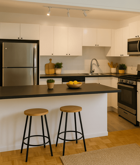 A kitchen with a black countertop and white cabinets.