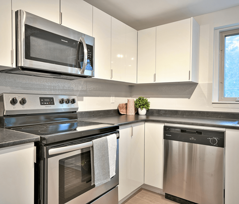 A modern kitchen with a stainless steel dishwasher and oven.