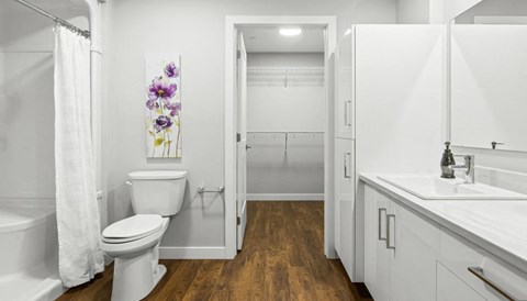 a bathroom with a toilet and a shower