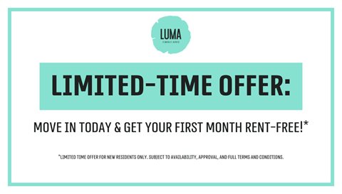 A promotional image for a limited-time offer to get the first month rent-free at LUMA Residences.