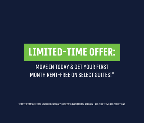 A promotional image offering a first month rent-free on select suites for new residents.