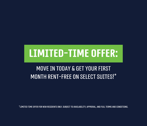 A promotional image offering a first month rent-free on select suites for new residents.
