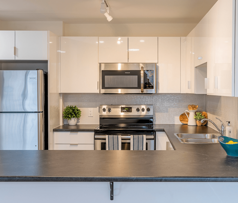 A modern kitchen with a stainless steel sink and black countertop.