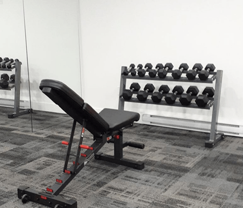 A black bench is in front of a rack of dumbbells.