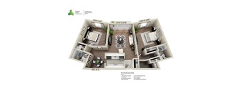A floor plan of a two bedroom suite at Denali Green Apartments.