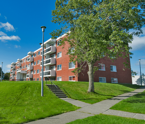 A red brick apartment building with a tree in front.