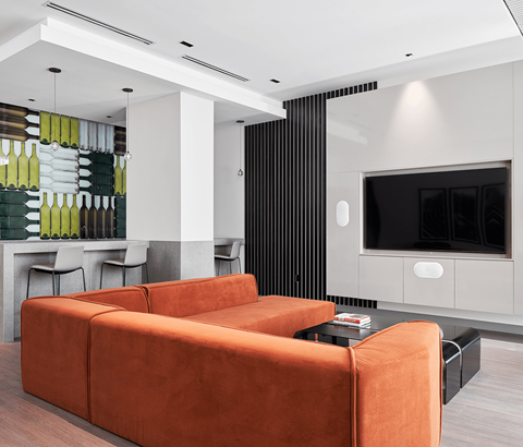 A modern living room with a brown sofa and a black television.