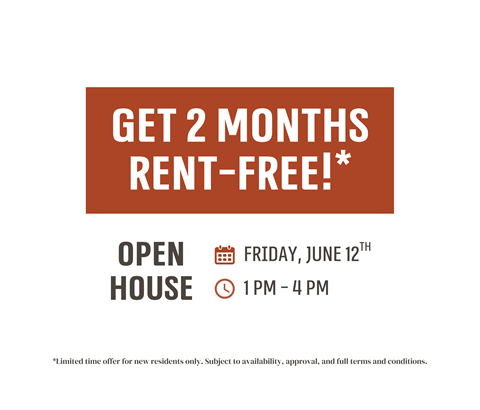 A sign advertises a 2 months rent-free offer for new residents at an open house event on Friday, June 12th from 1 PM to 4 PM.