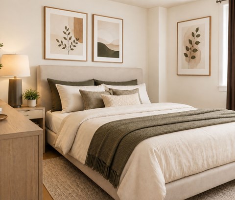 A bedroom with a large bed and a nightstand with a lamp.