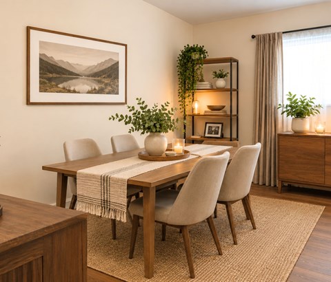 A dining room with a wooden table and chairs.