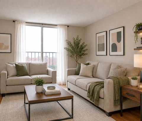 A living room with two couches, a coffee table, and a potted plant.