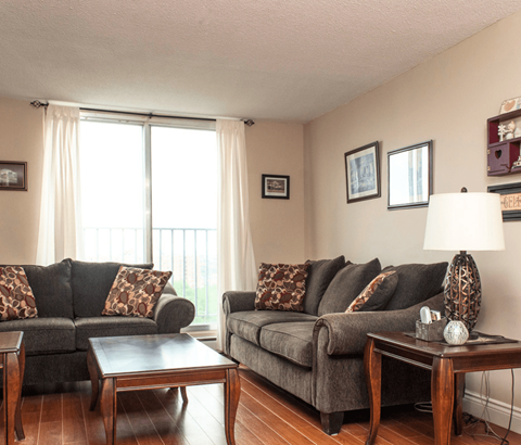A living room with a grey couch, a coffee table, and a lamp.