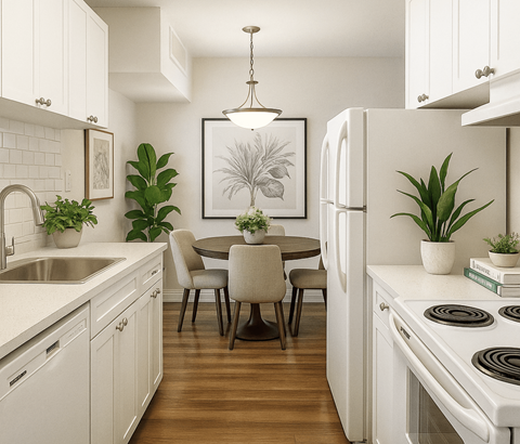 A kitchen with white cabinets and a wooden floor.
