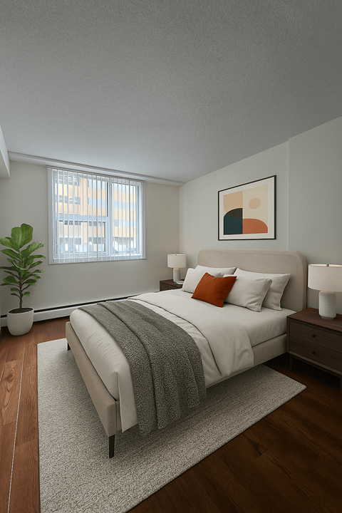 A bedroom with a large bed and a potted plant.