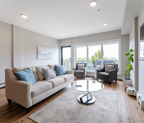 A living room with a grey sofa and a glass table.
