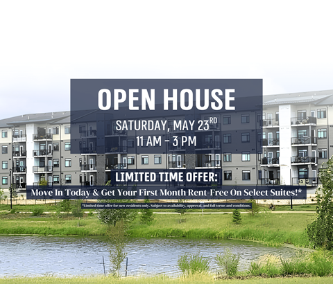 An open house event is advertised for Saturday, May 23rd from 11 AM to 3 PM.