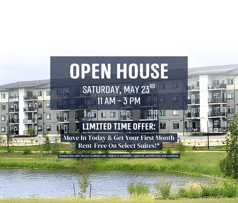 An open house event is advertised for Saturday, May 23rd from 11 AM to 3 PM.