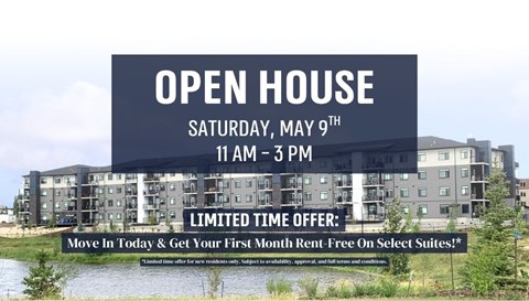 A building with a sign that says "OPEN HOUSE SATURDAY, MAY 9TH 11 AM - 3 PM LIMITED TIME OFFER: Move In Today & Get Your First Month Rent-Free On