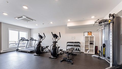 A spacious home gym with a variety of exercise equipment.