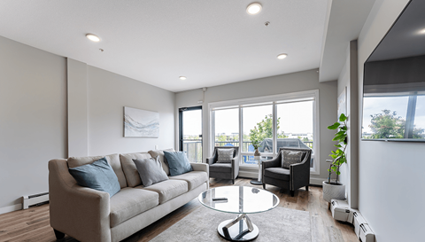A modern living room with a grey sofa and a glass table.