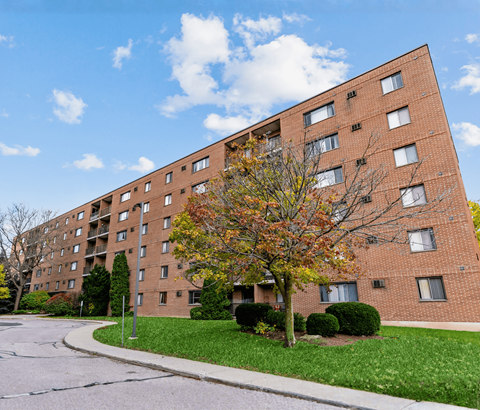A tall brick apartment building with a tree in front of it.