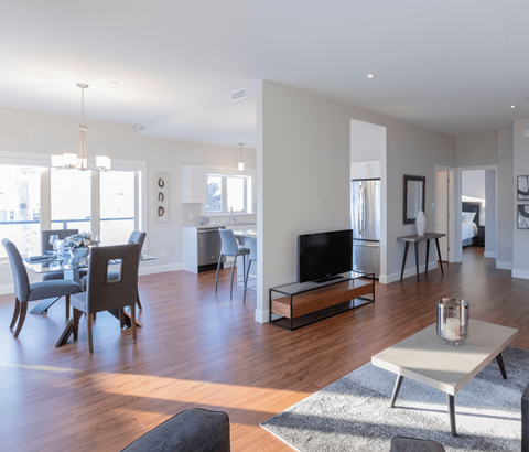 A modern living room with a fireplace and a dining area.