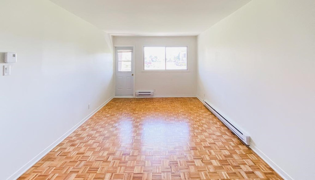 A room with a wooden floor and a door.