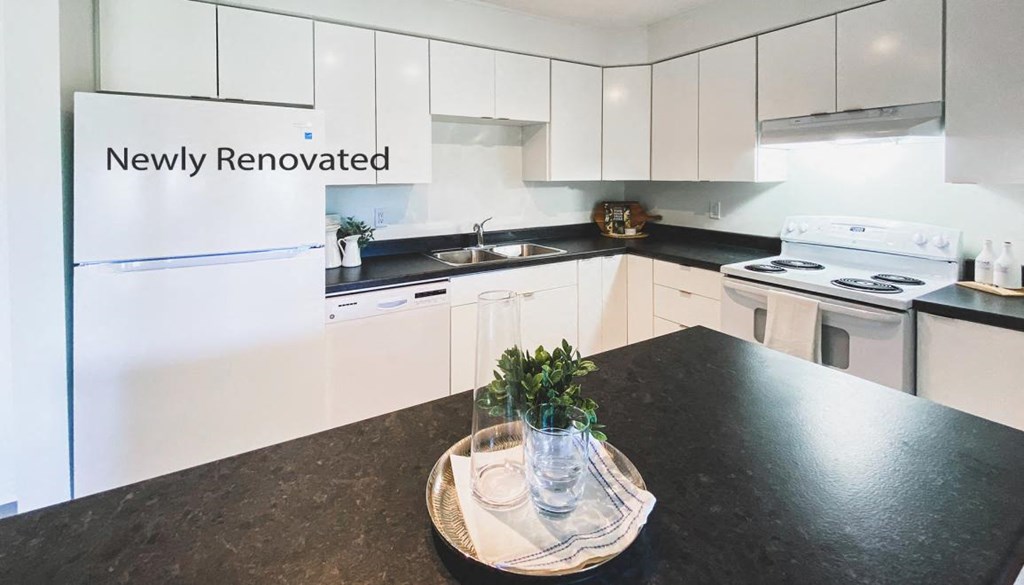 A kitchen with a black countertop and white cabinets is newly renovated.