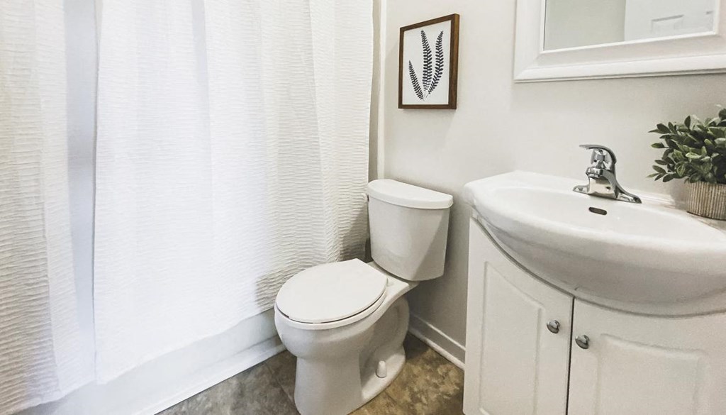 A white toilet sits next to a white sink in a bathroom.