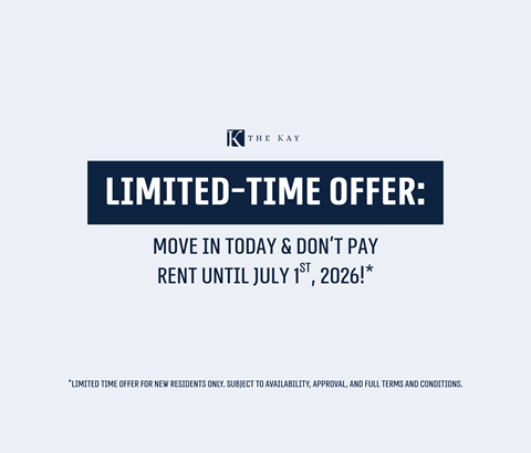 A promotional image for a limited-time offer to move in and not pay rent until July 1st, 2026.
