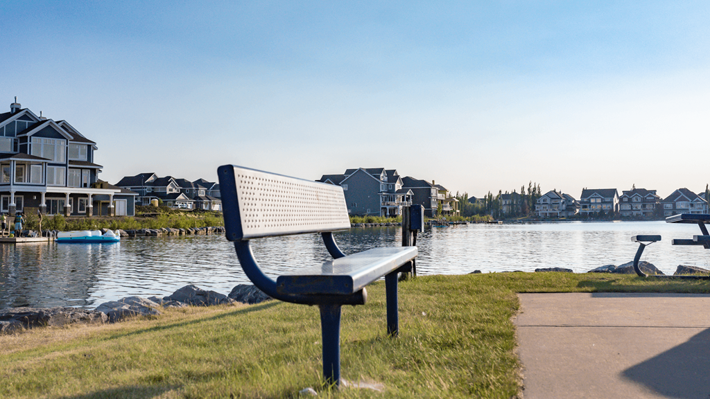 a bench overlooking a body of water with houses in the background