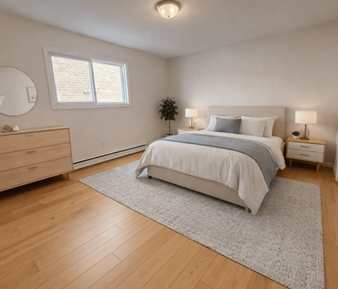 A bedroom with a large bed, a dresser, and a window.