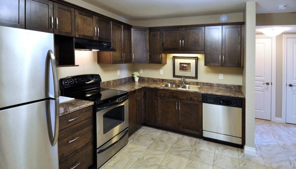 a kitchen with stainless steel appliances and wooden cabinets