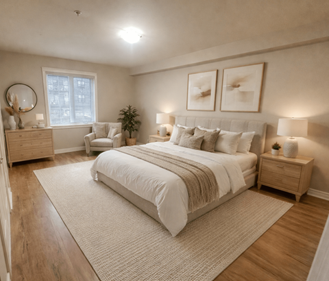 A bedroom with a large bed, a chair, and a potted plant.