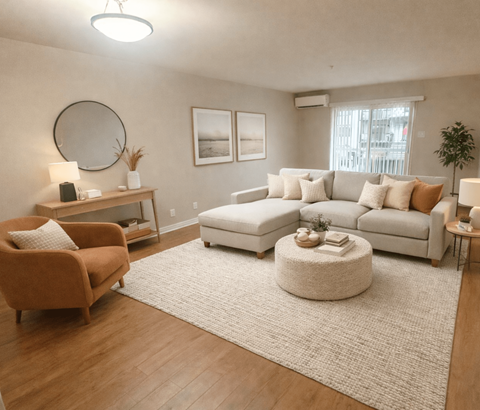 A living room with a brown armchair, a white sofa, and a round ottoman.