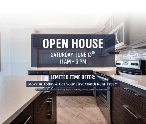 A modern kitchen is showcased with a sign advertising an open house event on Saturday, June 13th from 11 AM to 3 PM.