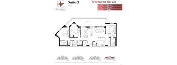 A floor plan for Suite G, a two bedroom plus den condo, is displayed.