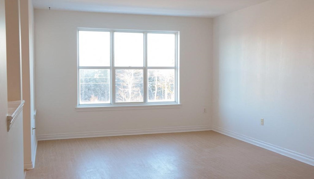 an empty living room with a large window