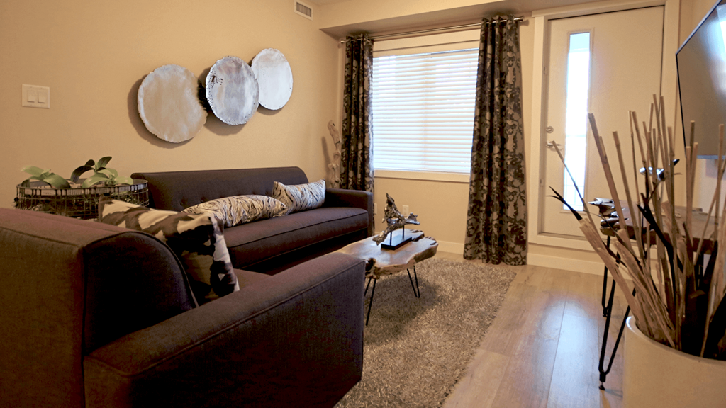 a living room with couches and a coffee table