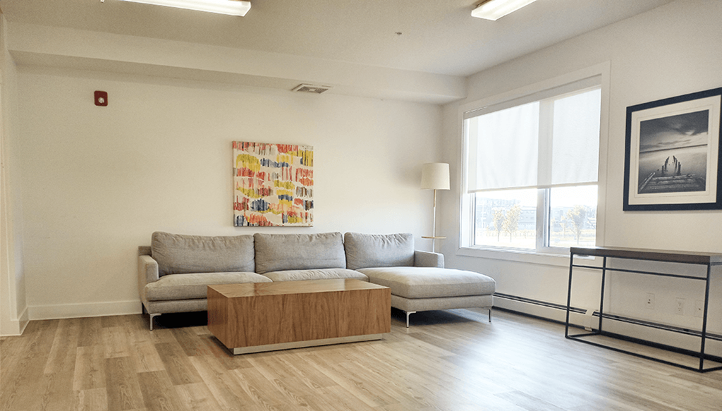 a living room with a couch and a coffee table