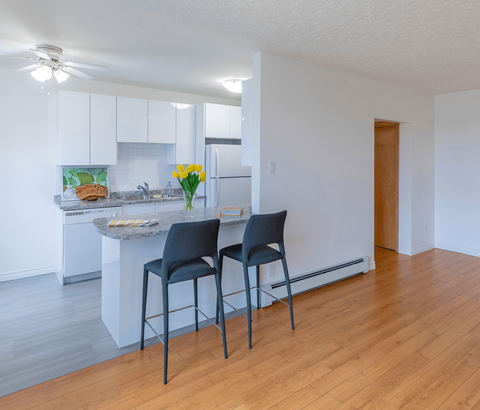 Two chairs are placed in front of a kitchen island.