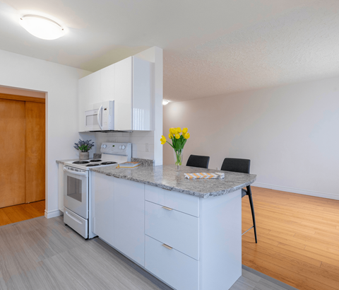 A kitchen with a white countertop and a vase of yellow flowers.
