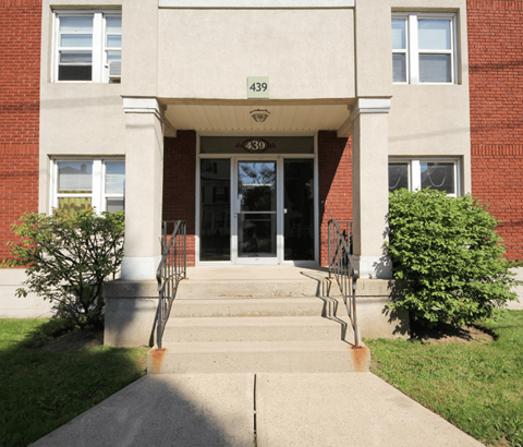 The front of a building with the number 439 on it.