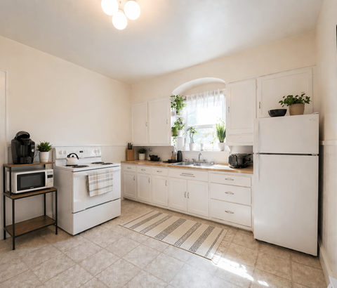 A white kitchen with a microwave on a stand.