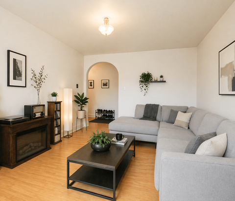 A living room with a grey couch, a coffee table, and a fireplace.
