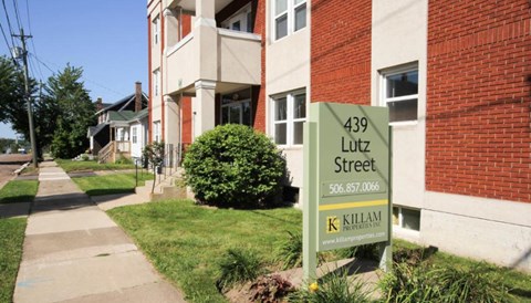 A green street sign for 439 Lutz Street stands in front of a brick building.