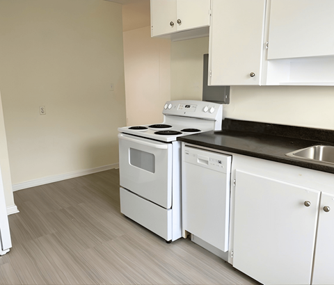 A white stove and dishwasher in a kitchen with white cabinets.